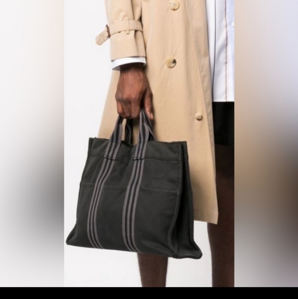 Hermes Black Canvas Tote with Gray Stripes